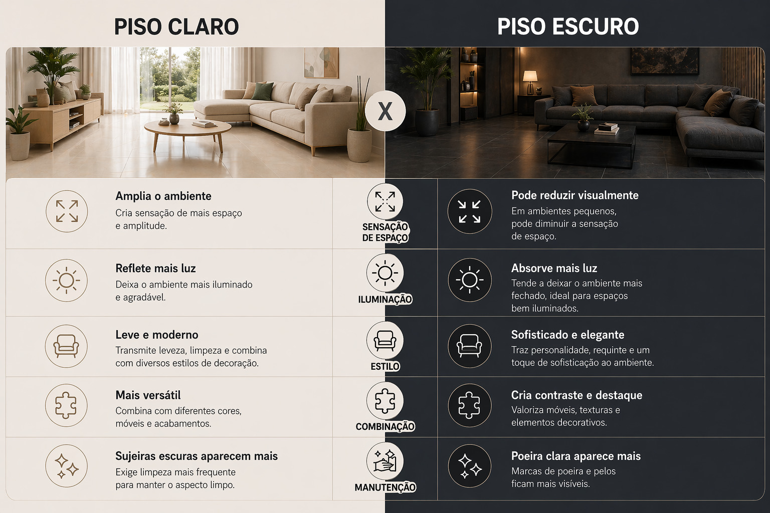 piso claro ou escuro, qual escolher? A resposta depende do efeito que você deseja criar no ambiente.
