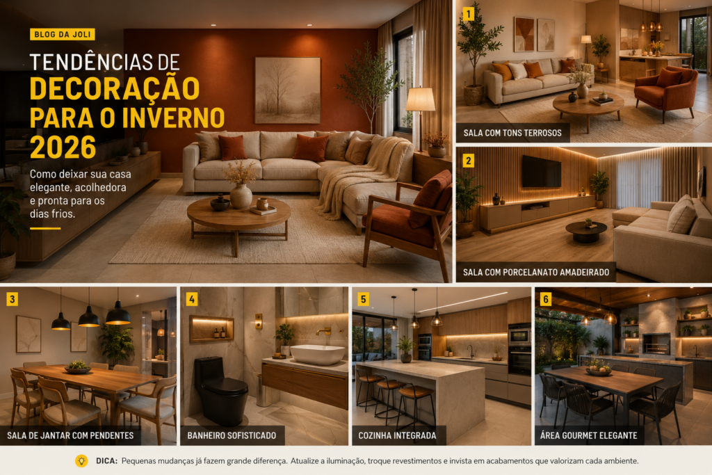 Descubra as tendências de decoração para o inverno 2026 e saiba como renovar ambientes , iluminação, porcelanatos, revestimentos e acabamentos